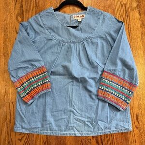 DOLAN Anthropologie Blue Chambray Blue Embroidered Blouse Size Small